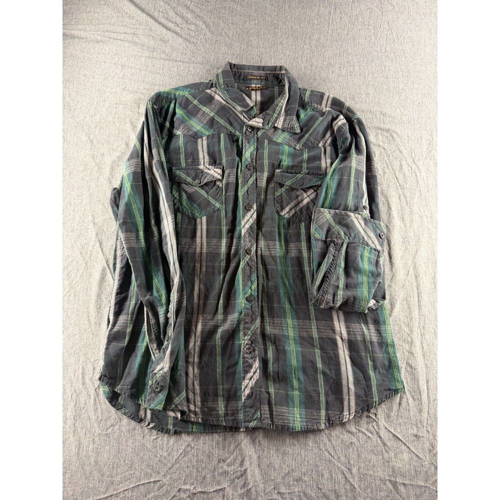 Helix Mens XL Western Shirt Plaid Pearl Snap Athletic Fit Green Blk Long Sleeve